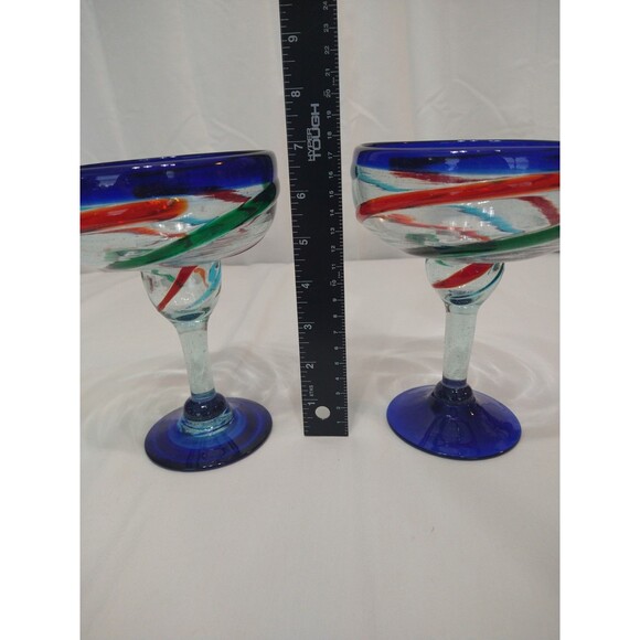 Set of 2 Hand Blown Art Margarita Cocktail Glasses Blue Red Green Swirl Thick - Picture 5 of 9